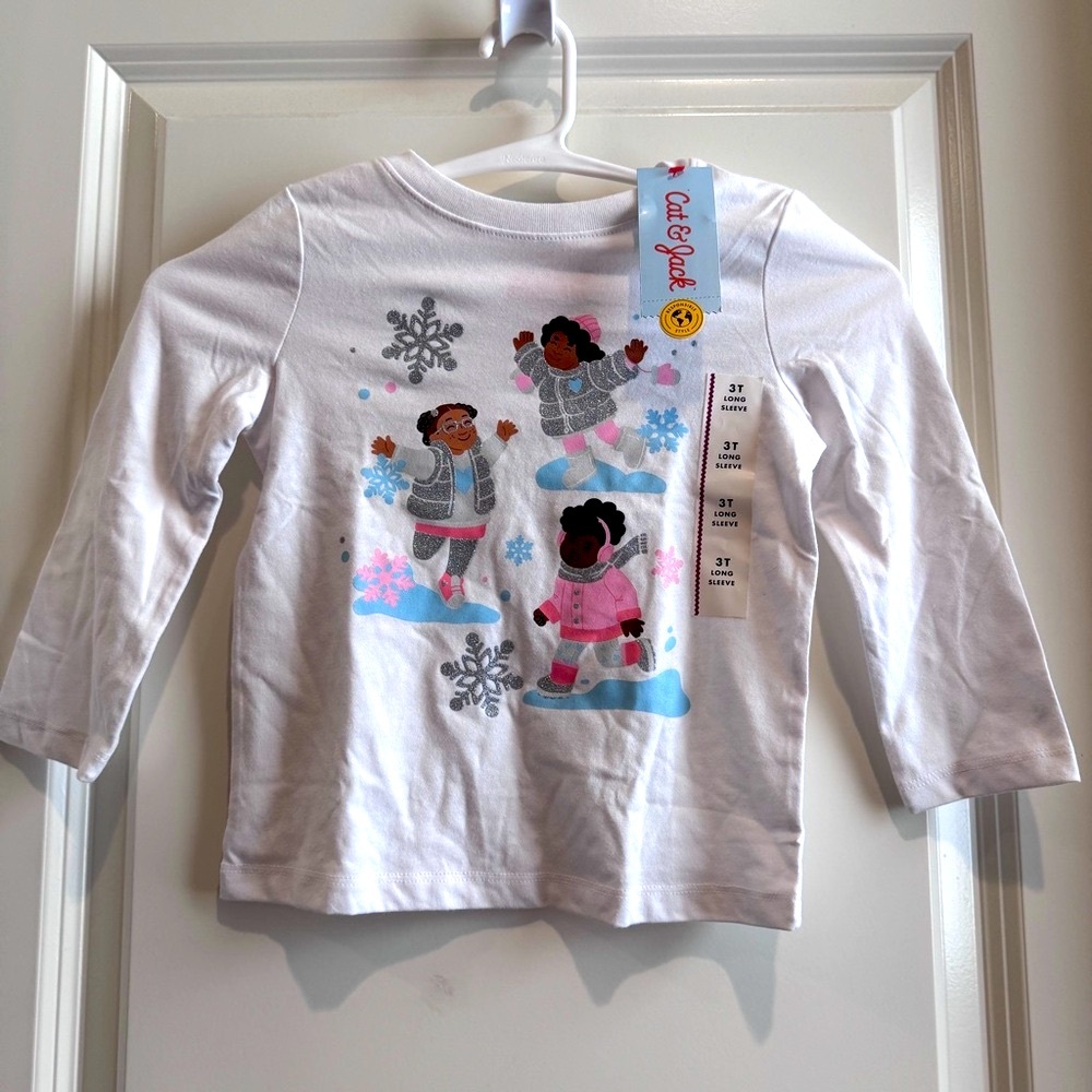 Cat & Jack White Toddler Girl Kids Long Sleeve White Holiday Shirt Top New 3T - Picture 1 of 7